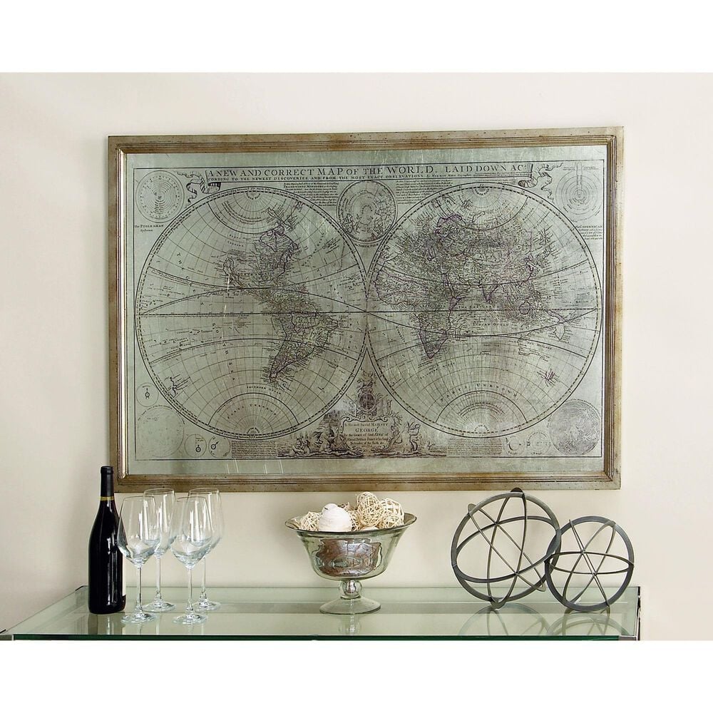 Maple and Jade 48&quot; x 31&quot; World Map Wall Art with Gold Frame in Beige, Black and Gray, , large