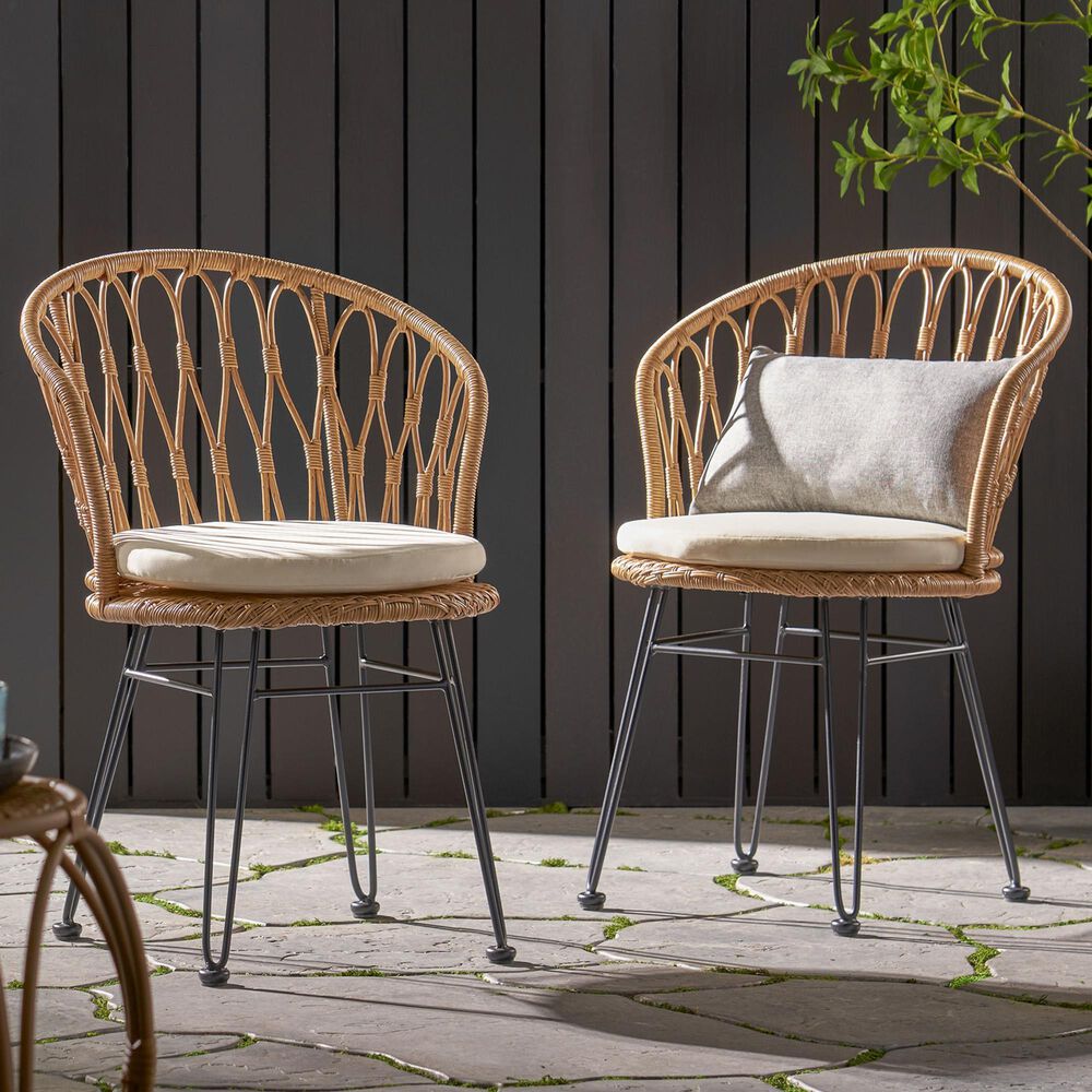 Hearth and Haven Tavon Outdoor Chair with Beige Cushion in Light Brown &#40;Set of 2&#41;, , large