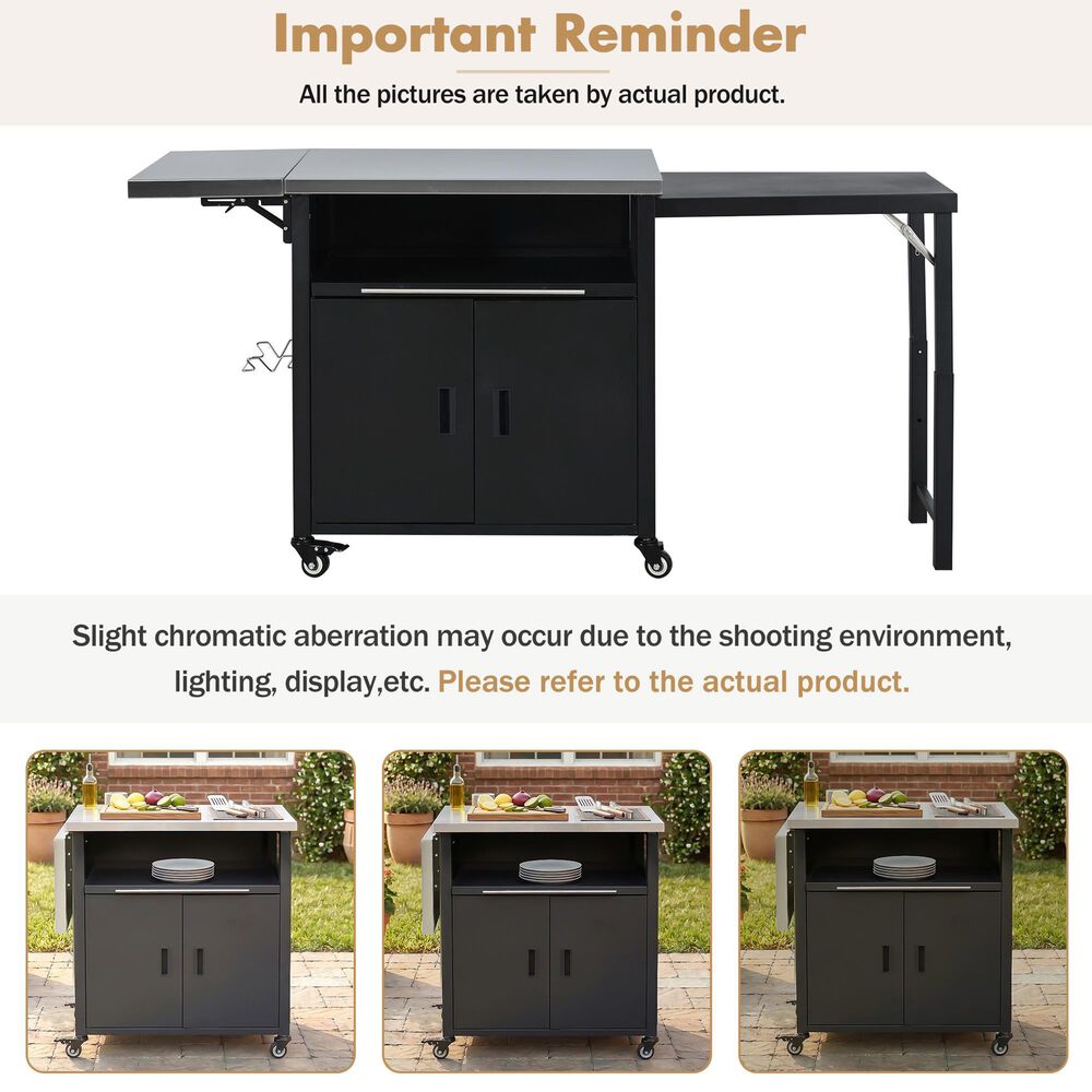 Hearth and Haven Outdoor Kitchen Island Cart with Dual Expandable Stainless Steel Tabletops in Black, , large