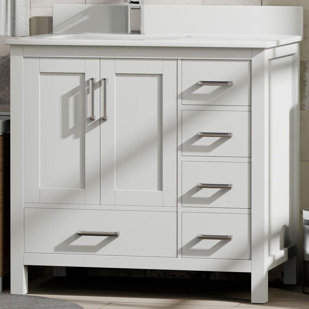 Lexora Home Jacques 36&quot; Left Offset Single Bathroom Vanity in White with 2 cm White Quartz Top and Rectangular Sink, , large