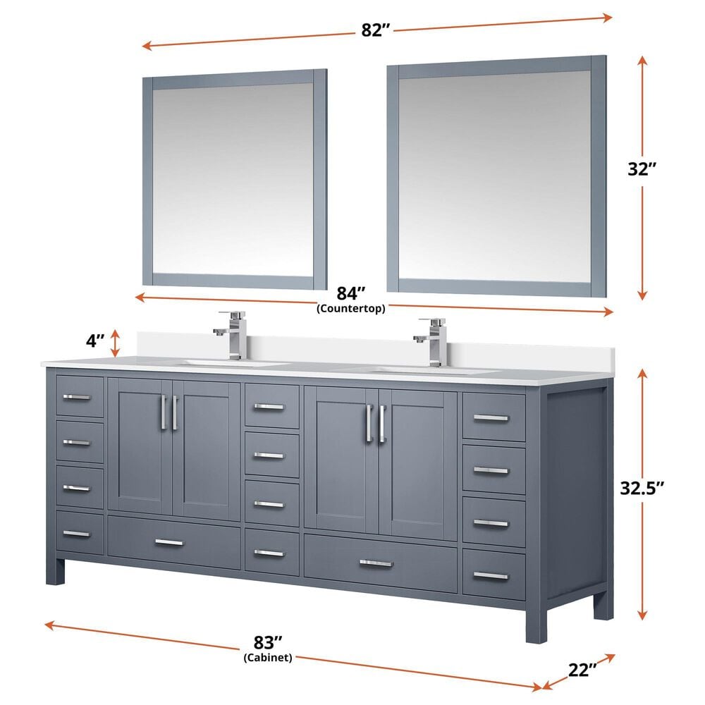 Lexora Home Jacques 84&quot; Double Bathroom Vanity in Dark Grey with 2 cm White Quartz Top and Rectangular Sinks, , large
