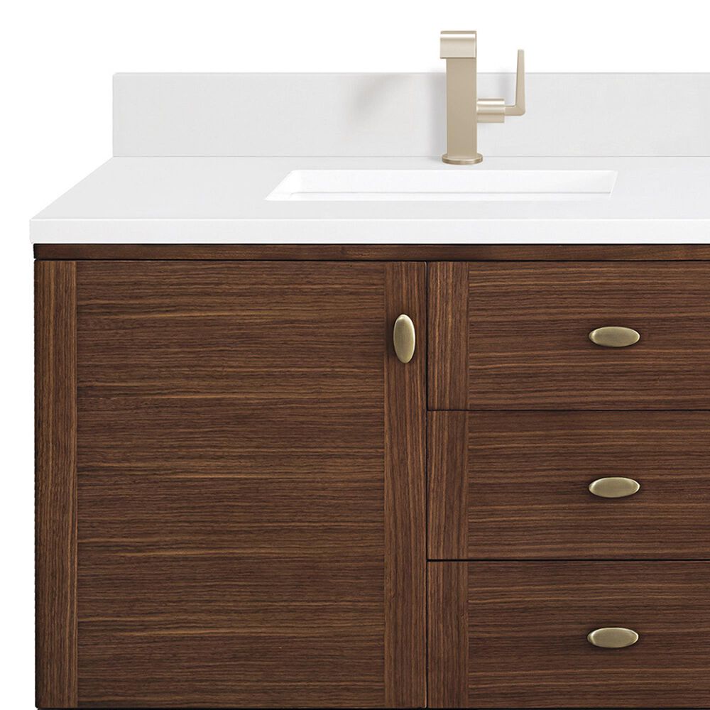 James Martin Vanities Amberly 72&quot; Double Bathroom Vanity in Mid-Century Walnut with Single Hole 3 cm White Zeus Quartz Top and Rectangular Sinks, , large