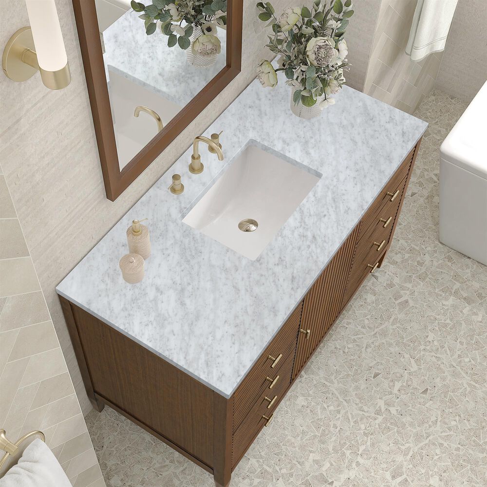 James Martin Vanities Myrrin 48&quot; Vanity in Mid-Century Walnut with 3 cm Carrara White Marble Top, , large