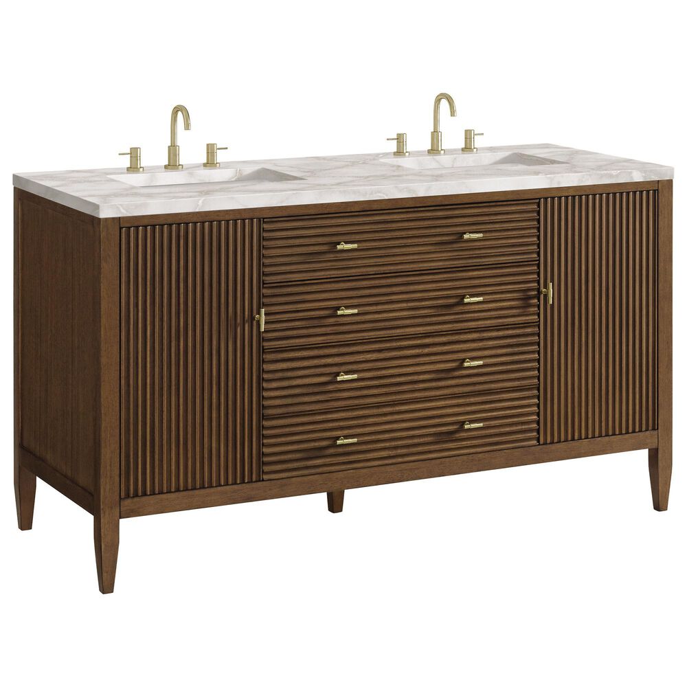 James Martin Vanities Myrrin 60" Double Vanity in Mid Century Walnut with 3 cm Victorian Silver Quartz Top, , large