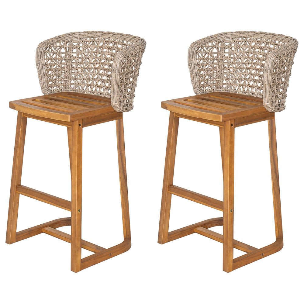 Hearth and Haven Outdoor Bar Stool with Woven Wicker Back and Cushion in Beige (Set of 2), , large