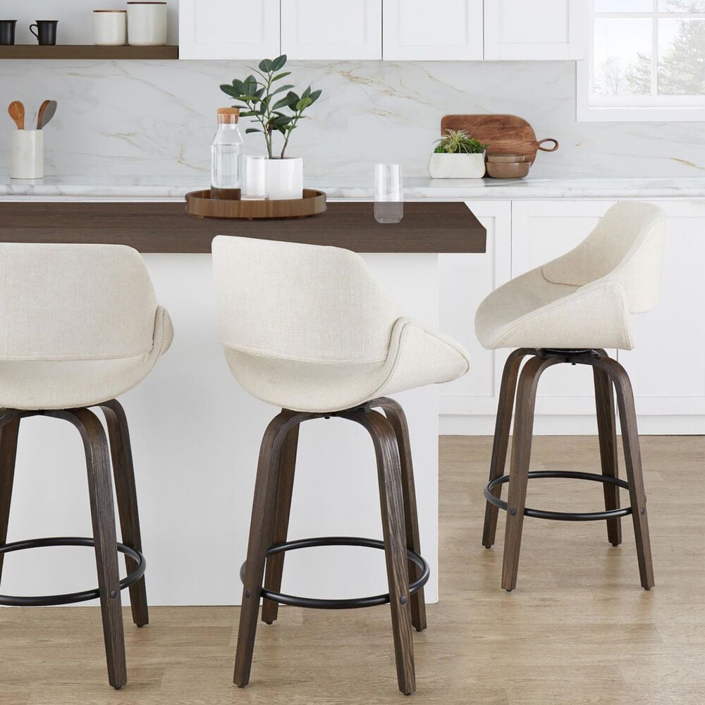 LumiSource Fabrico 26" Swivel Fixed-Height Counter Stool with Cream Noise Fabric Upholstery in Black and Glazed Walnut (Set of 2), , large