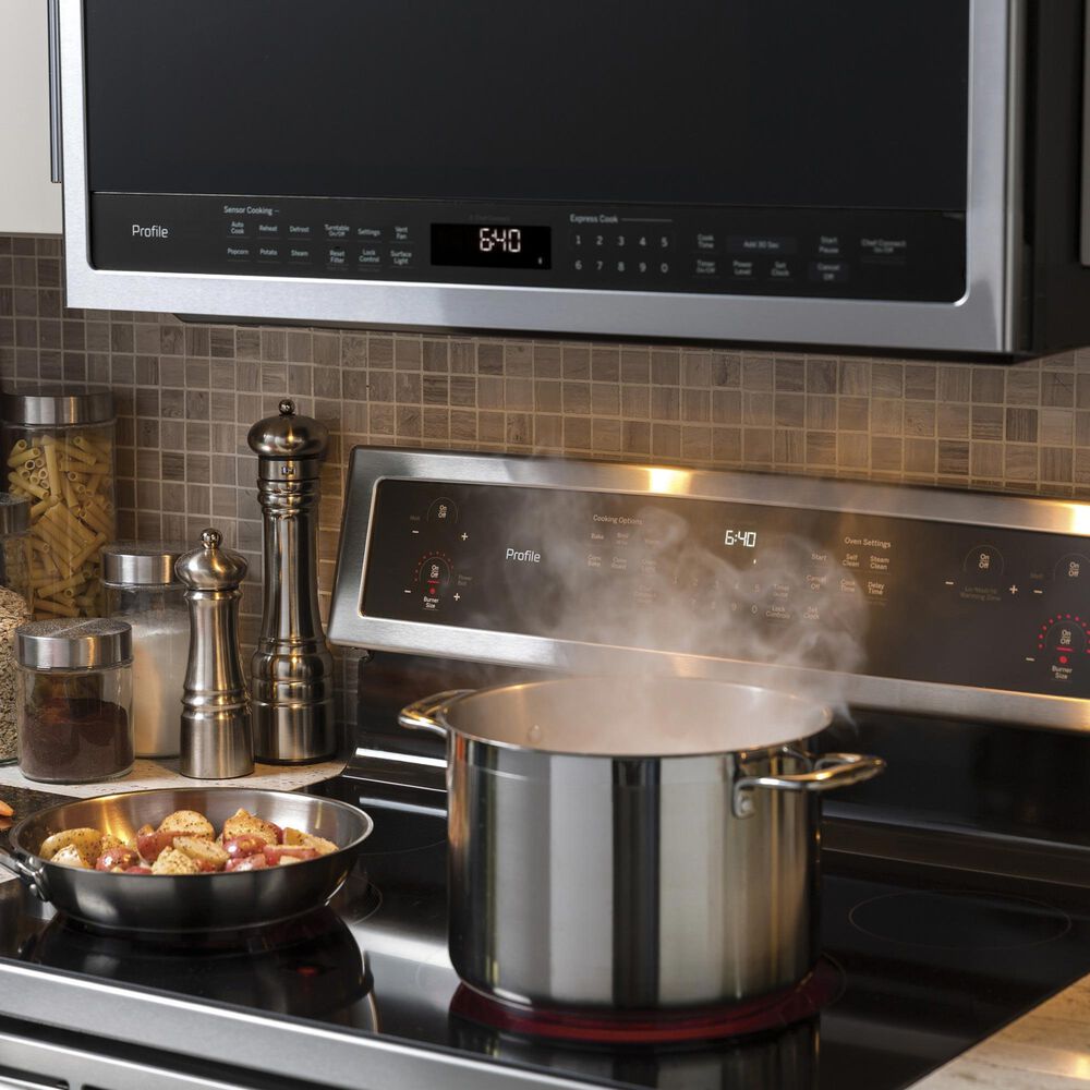 GE Profile 2-Piece Kitchen Package with 30" Smart Slide-in Electric Double Oven Range and 2.1 Cu. Ft. Over-the-Range Sensor Microwave Oven in Stainless Steel, , large