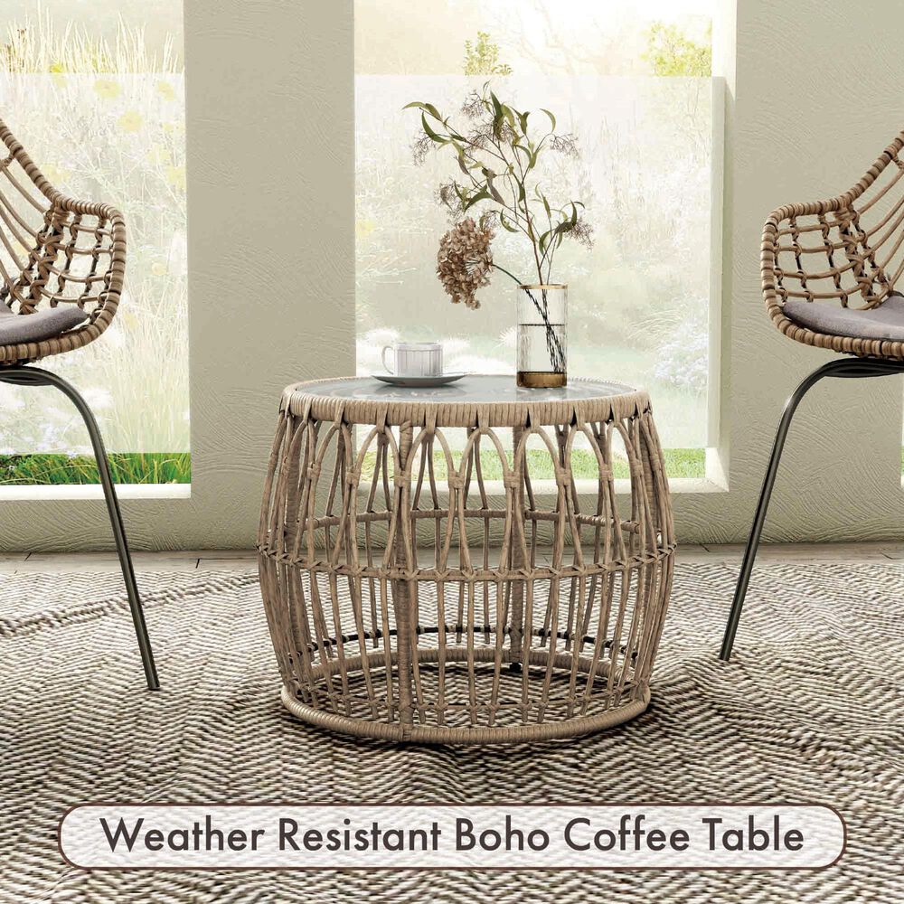 Furniture of America Serene Glass Top Round Patio Coffee Table in Natural, , large