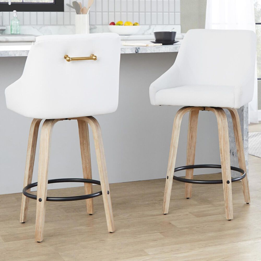 LumiSource Hannah Swivel Counter Stool with White Faux Leather Upholstery in Whitewashed and Black (Set of 2), , large