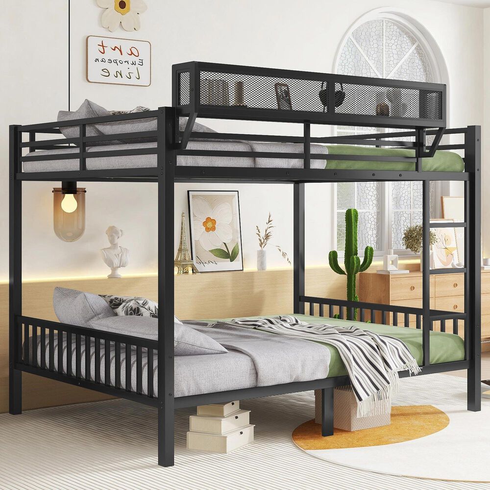 Hearth and Haven Queen over Queen Bunk Bed with Ladder and Storage Shelf in Black, , large