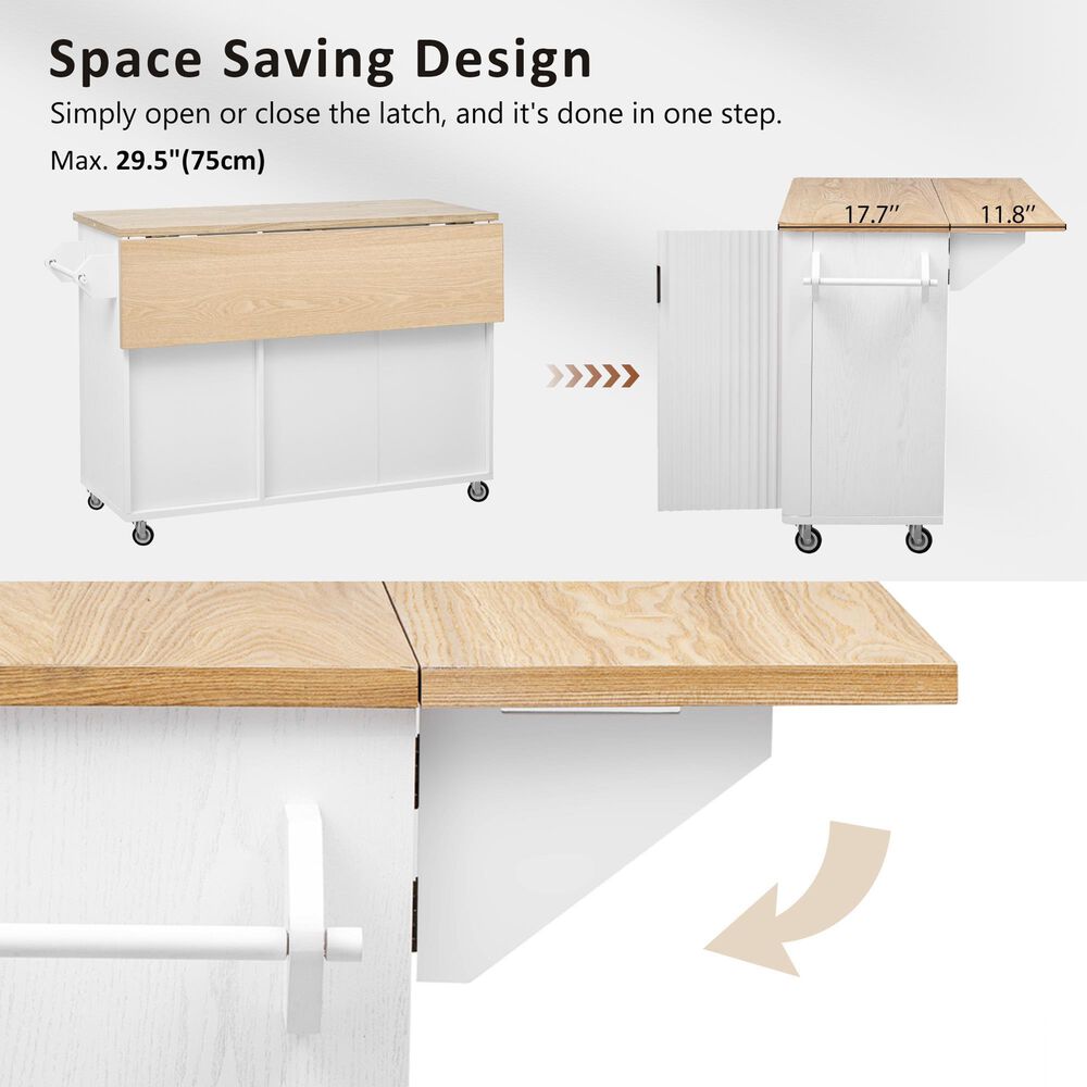 HOMLUX 51" Kitchen Island with Drop Leaf in White Ash, , large