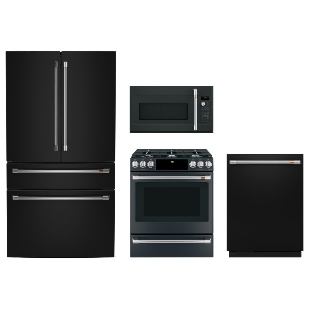 Cafe 4pc Kitchen Package with Refrigerator, Range, Microwave, and Dishwasher in Black, , large