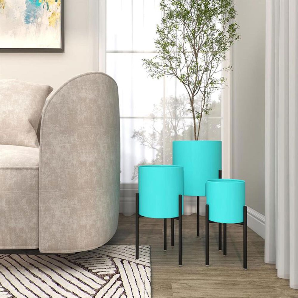 Maple and Jade Metal Planter with Removable Stand in Polished Teal and Black &#40;Set of 2&#41;, , large