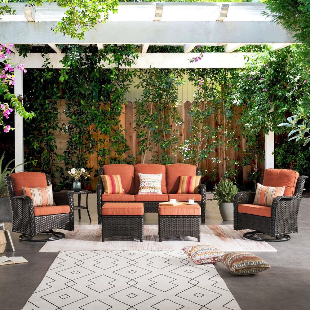 HOMLUX 6-Piece Patio Furniture Set with Swivel Rocking Chairs, High Back Outdoor Wicker Sofa Couch, Brown Rattan in Orange Red, , large