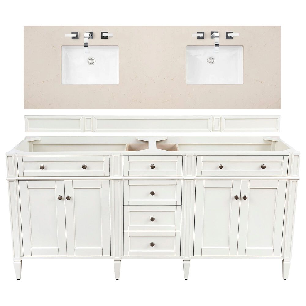 James Martin Vanities Brittany 72" Double Bathroom Vanity in Bright White with 3 cm Eternal Marfil Quartz Top and Rectangle Sinks, , large
