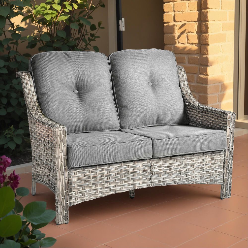 HOMLUX Outdoor Rattan Loveseat with Ergonomic Backrest in Dark Gray, , large