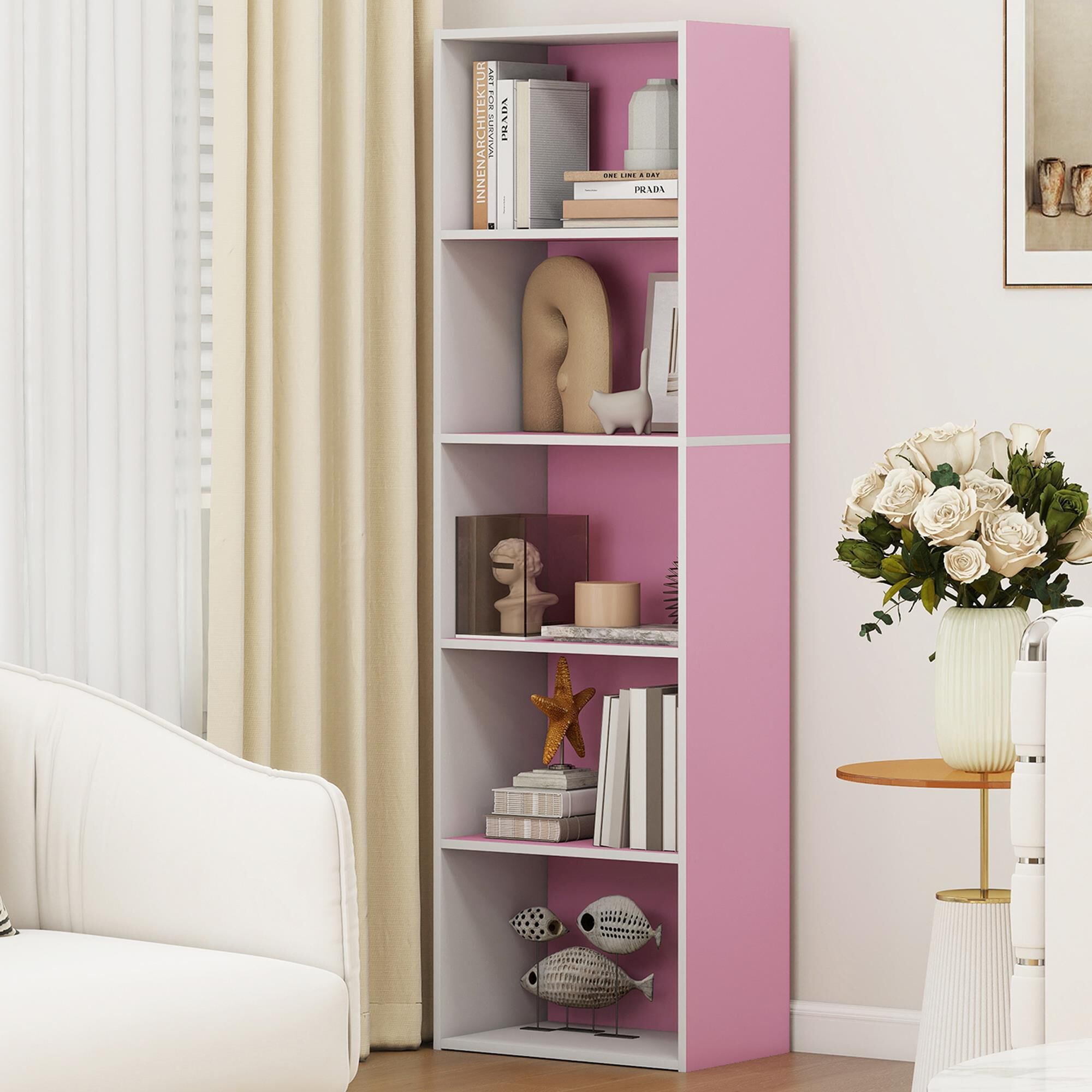Noviland 5-Tier Reversible Bookshelf with Decorative Open Shelves