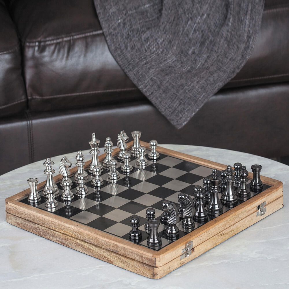 Maple and Jade 5&quot; x 15&quot; Chess Game Set in Black, Silver and Brown, , large
