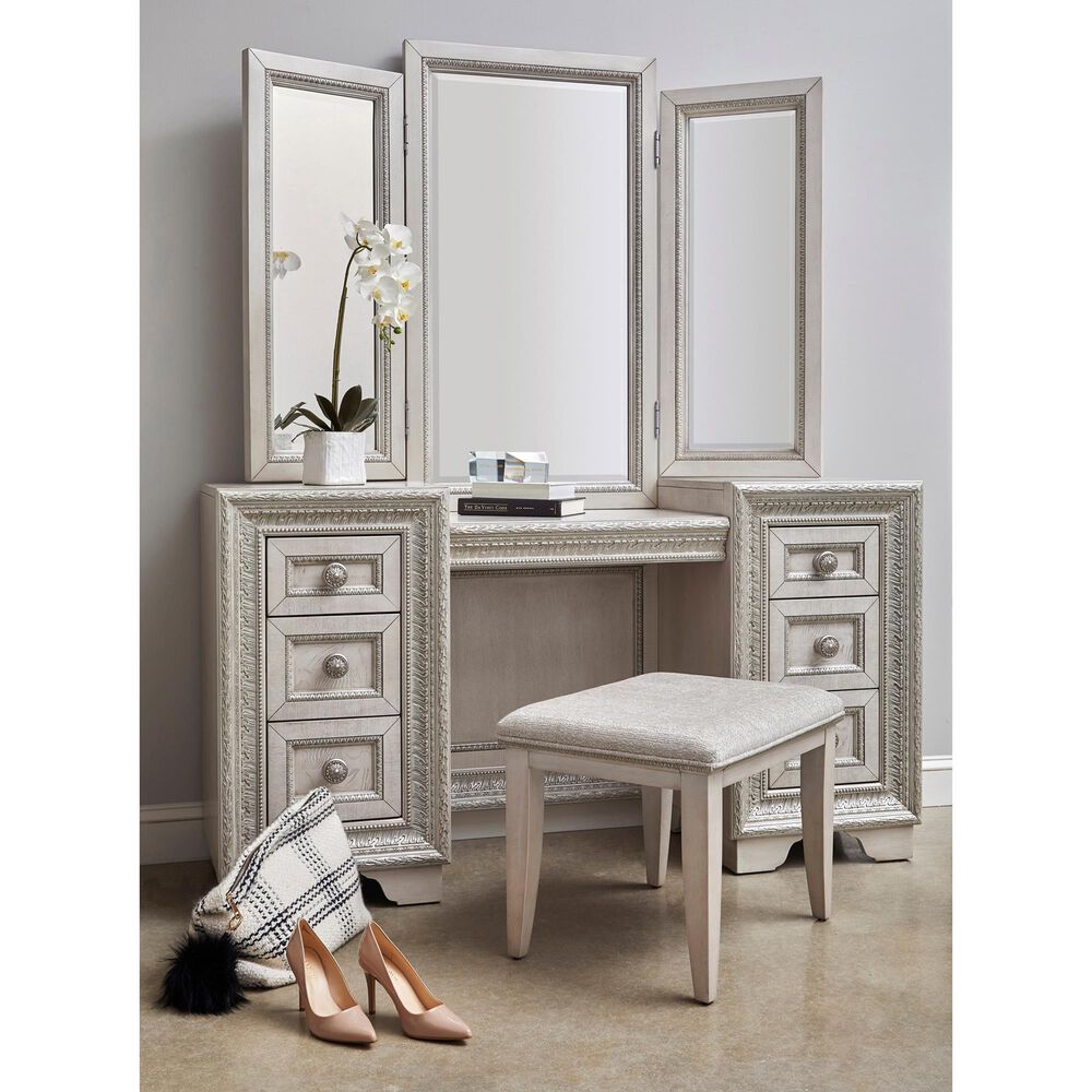 Pulaski Furniture Corp Camila Vanity and Mirror in White and Silver, , large