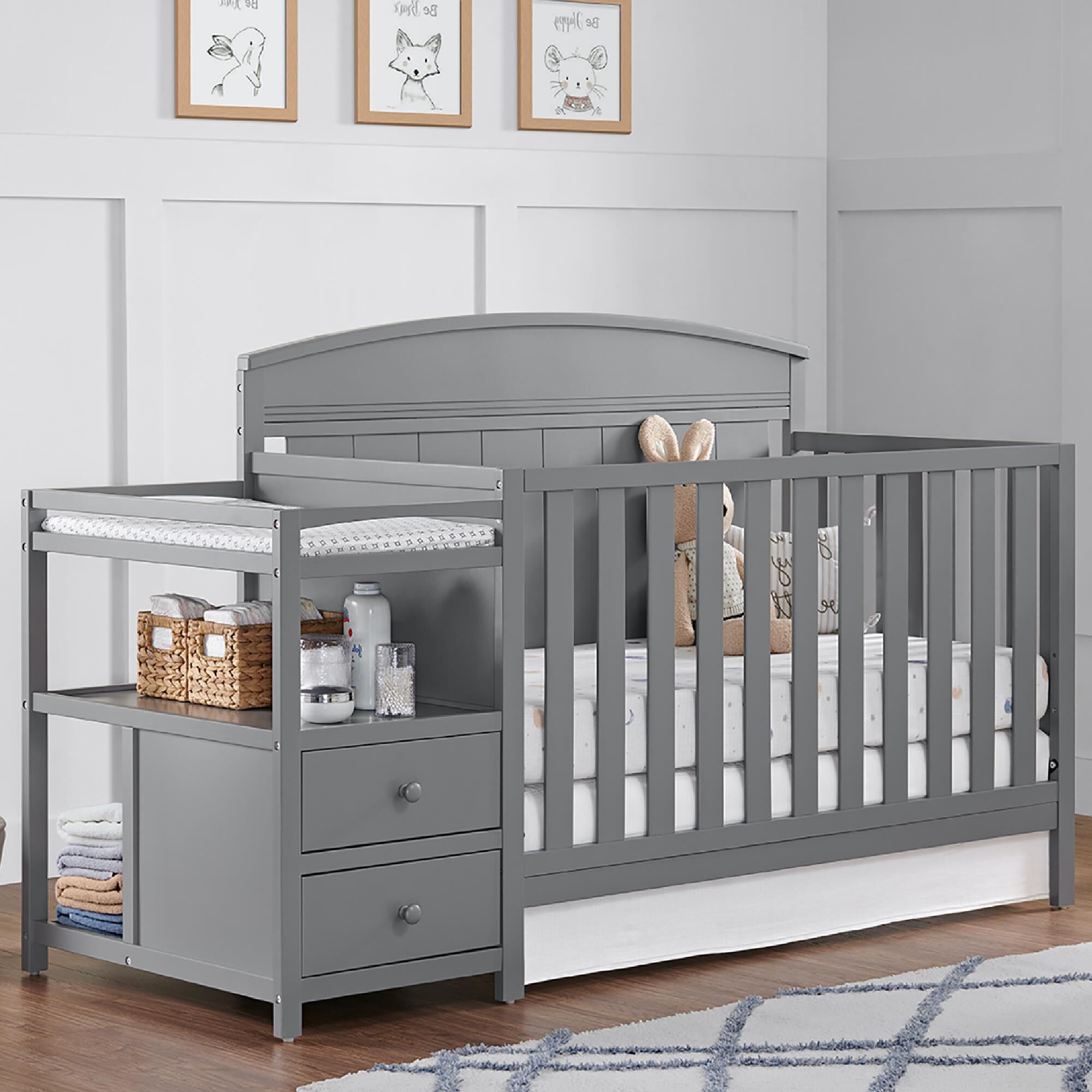 Grey baby cribs with changing best sale table