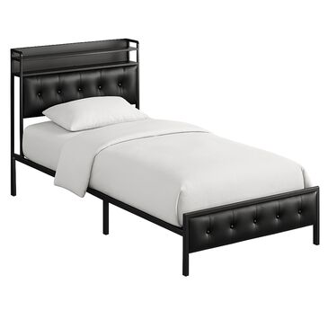 HOMLUX Twin Upholstered Bookcase Bed with LED Headboard with Charging Station in Black, , large