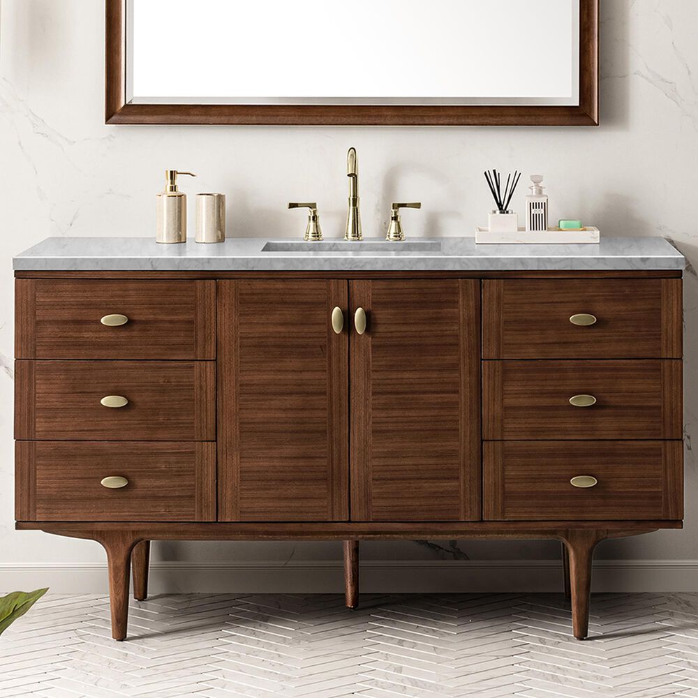 James Martin Vanities Amberly 60&quot; Single Bathroom Vanity in Walnut with 3 cm Carrara White Marble Top and Rectangular Sink, , large