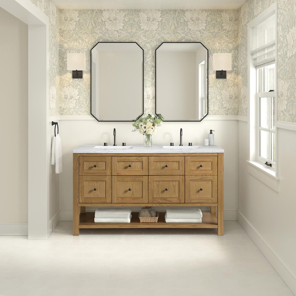 James Martin Vanities Breckenridge 60&quot; Double Bathroom Vanity in Light Natural Oak with 3 cm Arctic Fall Solid Surface Top and Rectangular Sinks, , large