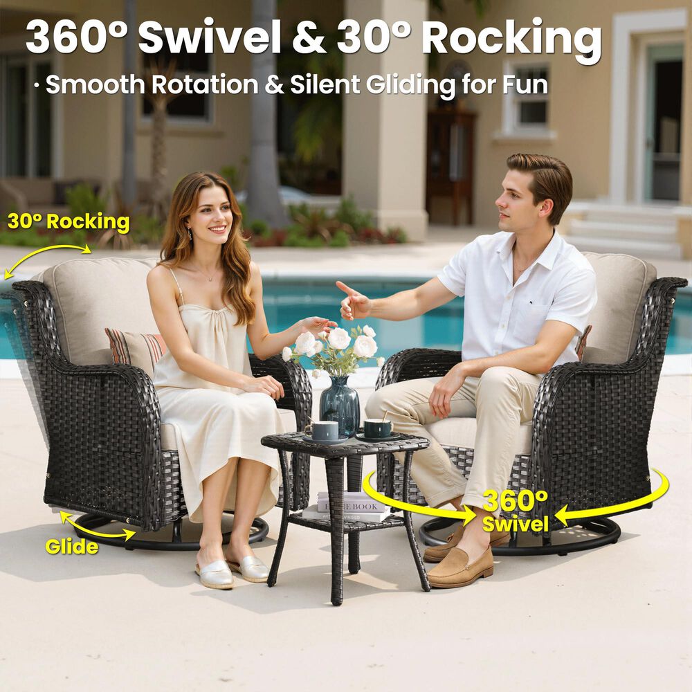 HOMLUX 7-Piece Patio Set with 42 Inch Fire Pit Table, Outdoor Wicker Sofa and Swivel Rocking Chairs, Brown Rattan in Beige, , large