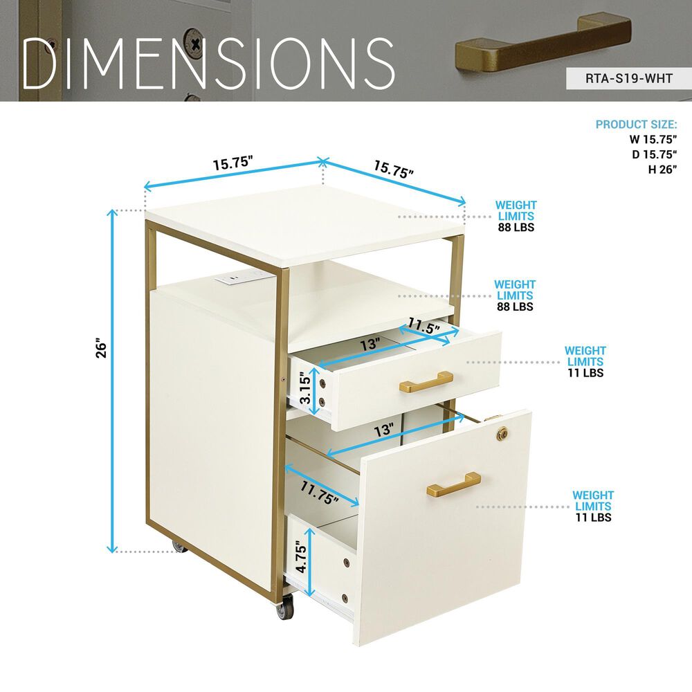 Rta Products Llc Modern Rolling File Cabinet with USB Charging Ports and Power Outlet in White and Gold, , large
