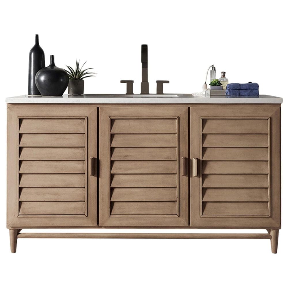 James Martin Vanities Portland 60" Single Bathroom Vanity in Whitewashed Walnut with 3 cm Arctic Fall Solid Surface Top and Rectangular Sink, , large
