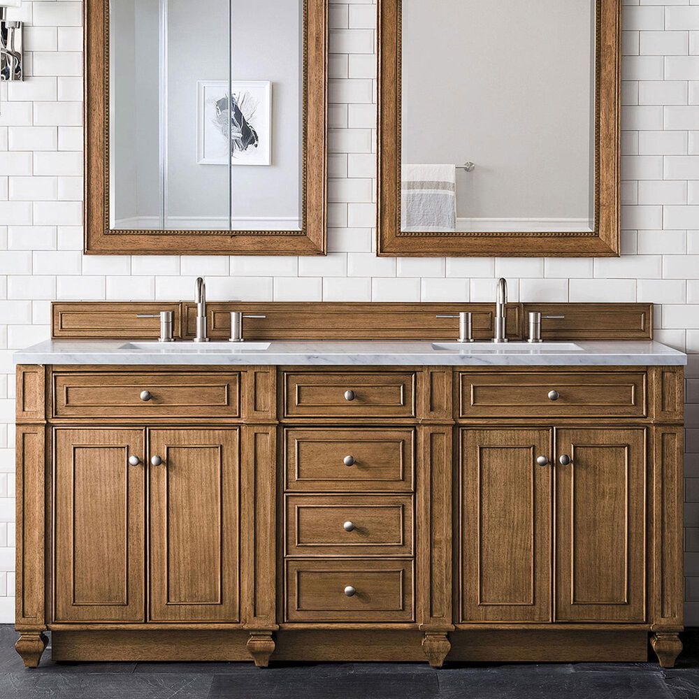 James Martin Vanities Bristol 72&quot; Double Bathroom Vanity in Saddle Brown with 3 cm Eternal Jasmine Pearl Quartz Top and Rectangular Sinks, , large
