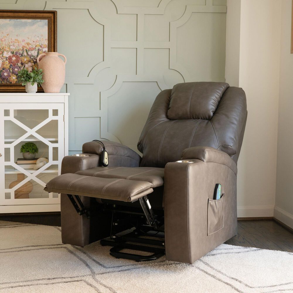 Linon Home Decor Peoria Power Lift Recliner in Mushroom, , large