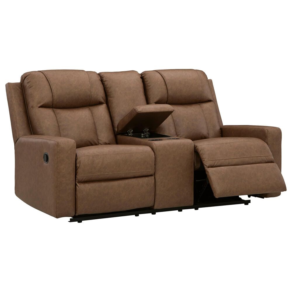 Ashley Mackmenville Manual Double Reclining Loveseat with Console in Caramel, , large
