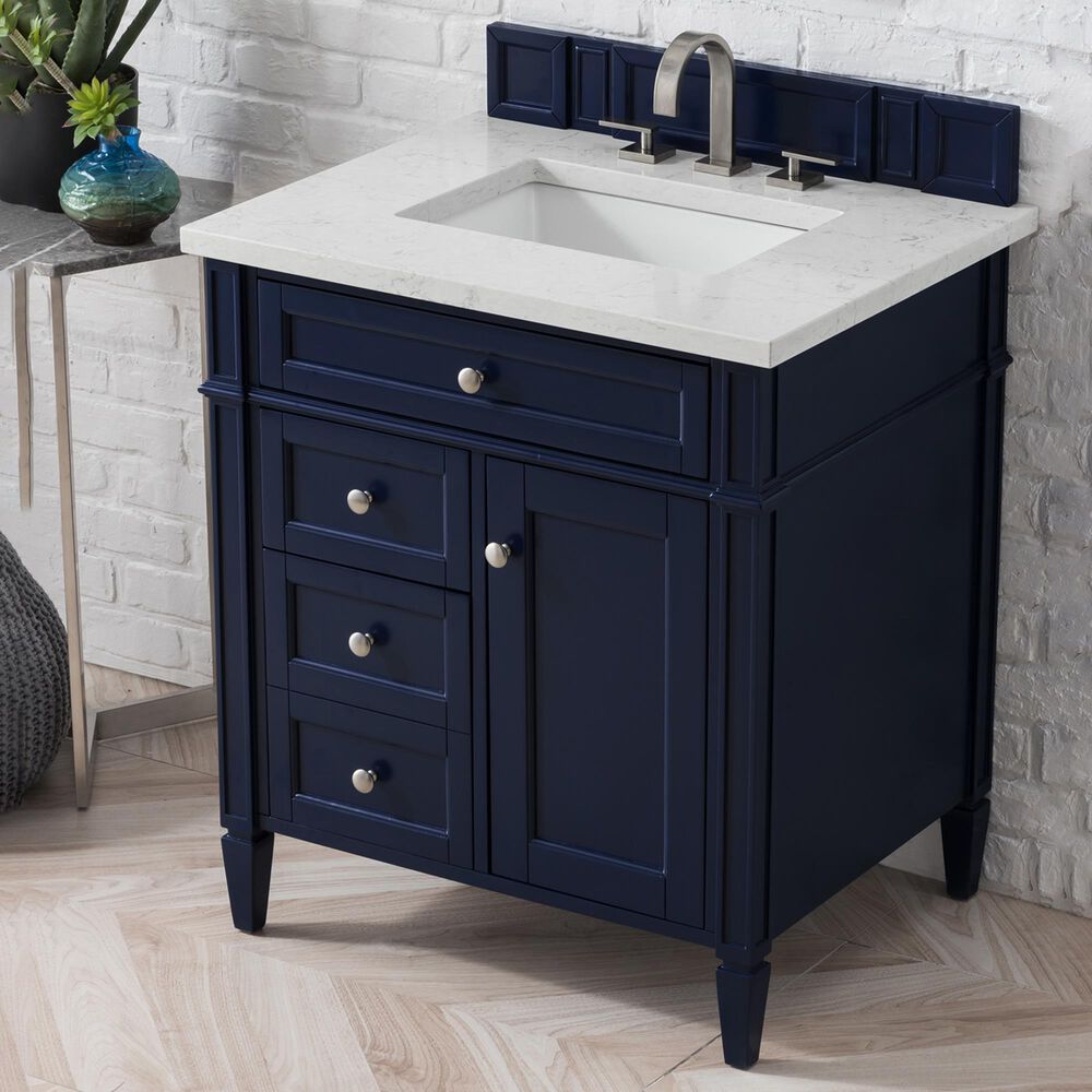 James Martin Vanities Brittany 30&quot; Single Bathroom Vanity in Victory Blue with 3 cm Eternal Jasmine Pearl Quartz Top and Rectangle Sink, , large