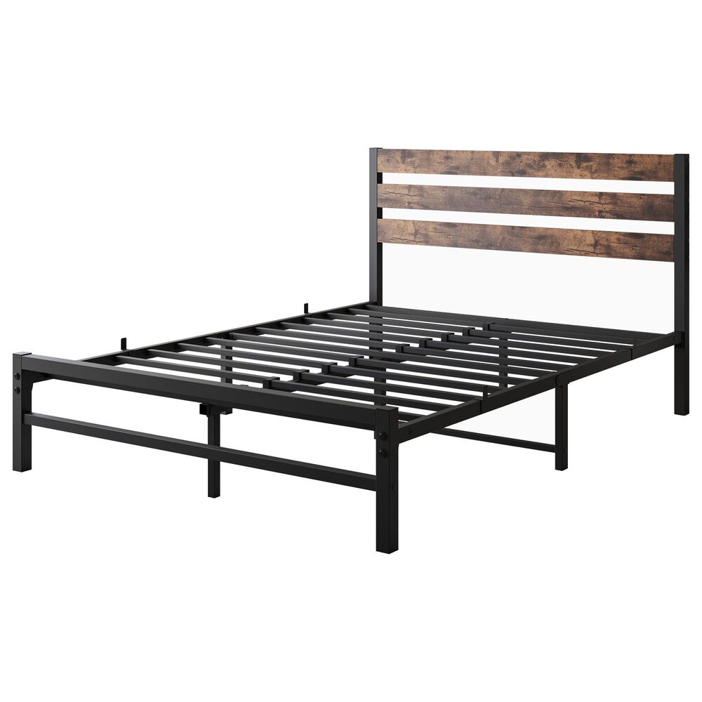Hearth and Haven Full Platform Bed with Slat Wood Headboard in Black and Rustic Brown, , large