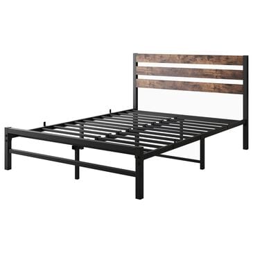 Hearth and Haven Full Platform Bed with Slat Wood Headboard in Black and Rustic Brown, , large