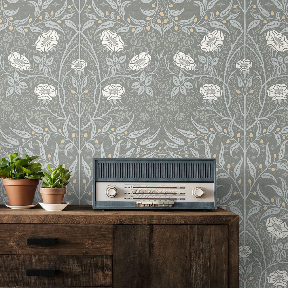 NextWall Stenciled Floral 216&quot; x 20.5&quot; Peel and Stick Wallpaper in Alloy Grey, , large