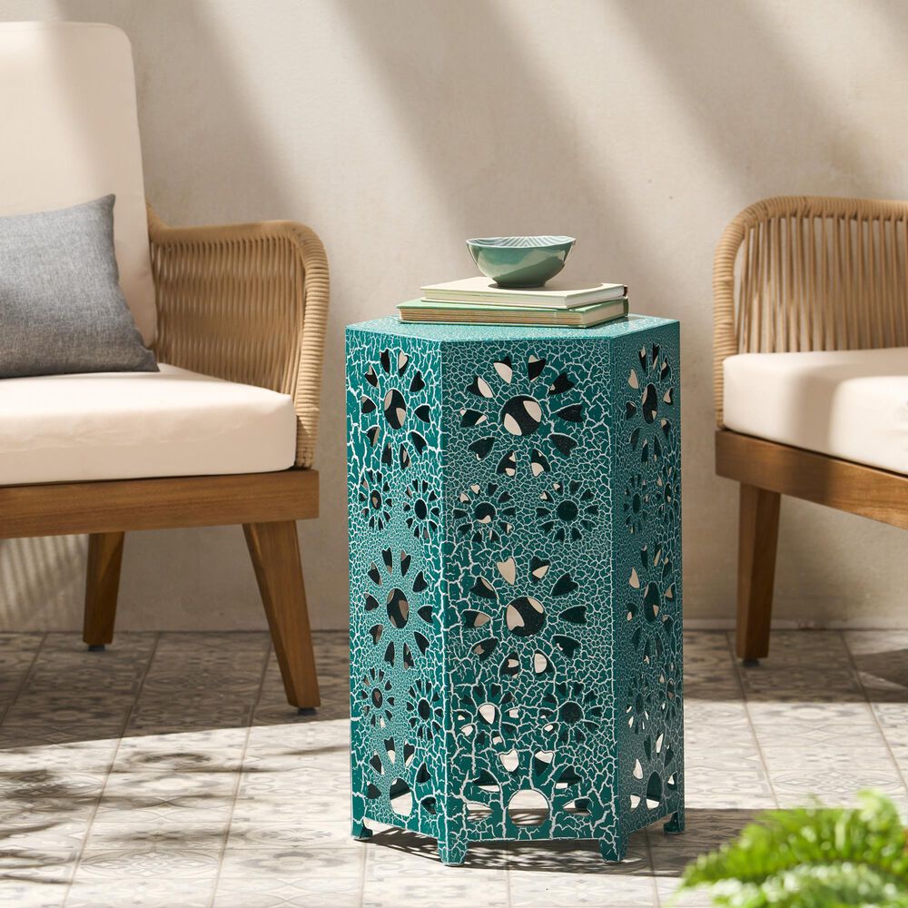 Hearth and Haven Galore 14" Outdoor Hexagon Metal Side Table with Sunburst Cut Out Design in Teal, , large