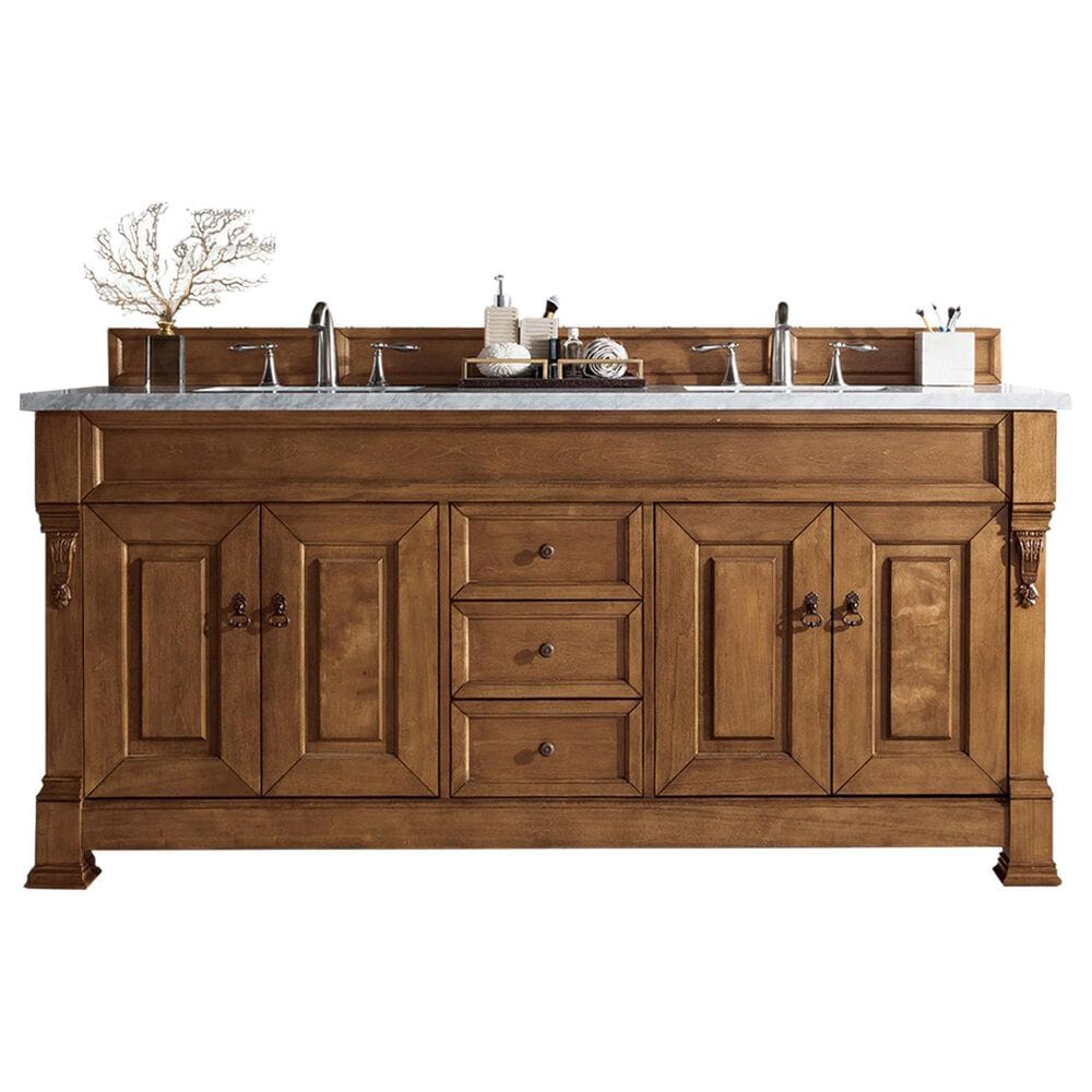 James Martin Vanities Brookfield 72" Double Bathroom Vanity in Country Oak with 3 cm Carrara White Marble Top and Rectangle Sink, , large