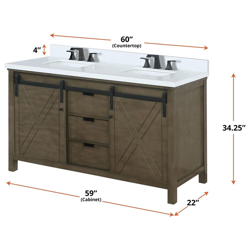 Lexora Home Marsyas 60&quot; Double Bathroom Vanity in Rustic Brown with 2 cm White Cultured Marble Top and Rectangular Sinks, , large