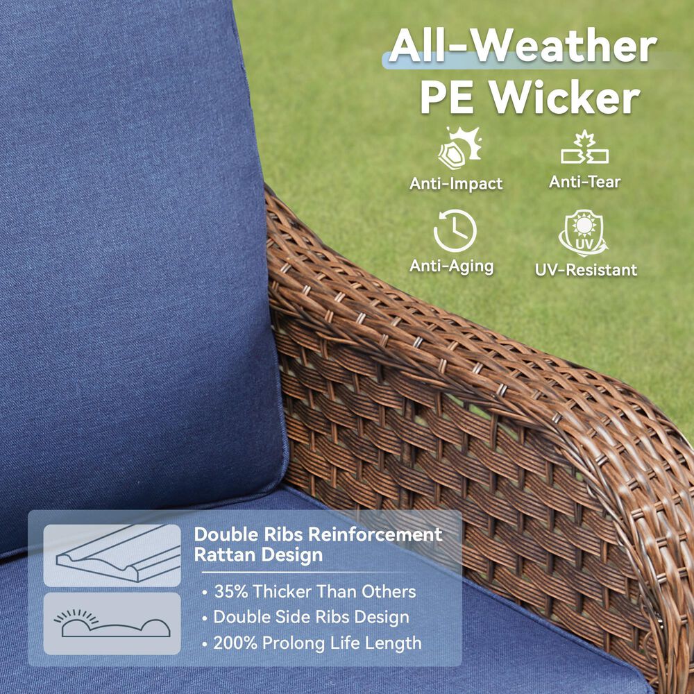 Sunwell Garden 34"H 2-Seater Outdoor Loveseat with Curved Armrests and Navy Cushions in Brown, , large