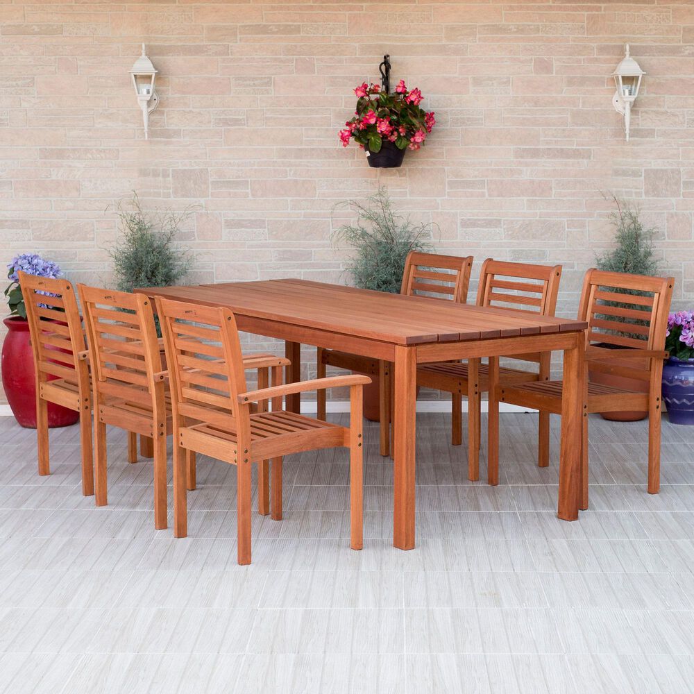 Amazonia 7-Piece Patio Dining Set with Wood Seat in Brown, , large