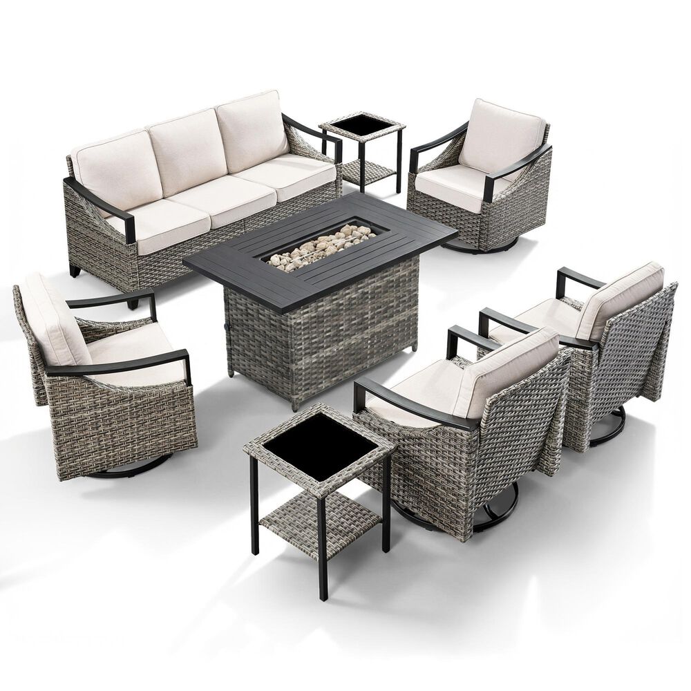Sunwell Garden 8-Piece Patio Conversation Set with Fire Pit in Beige, , large