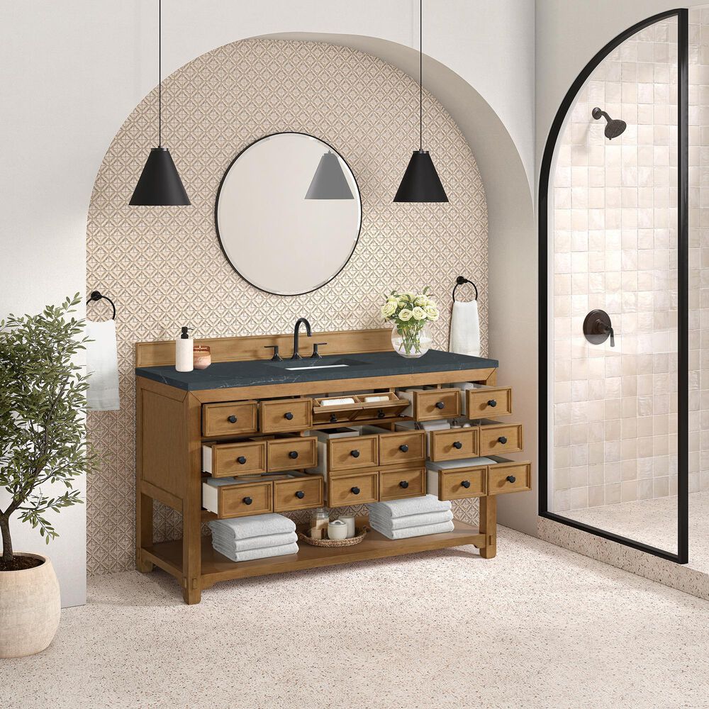James Martin Malibu 60&quot; Single Bathroom Vanity in Amber Birch with 3 cm Charcoal Soapstone Quartz Top and Rectangular Sink, , large