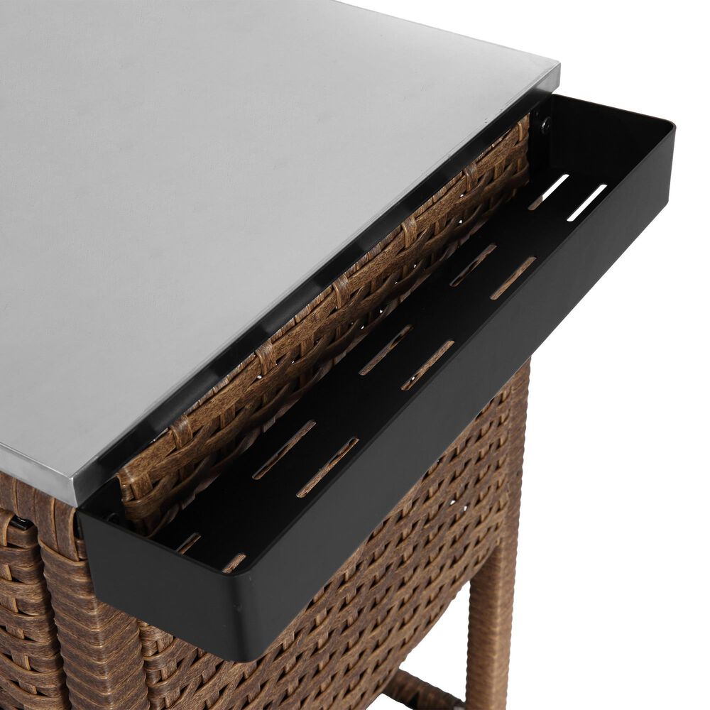 Hearth and Haven Outdoor Wicker Bar Cart with Glass Top in Brown, , large