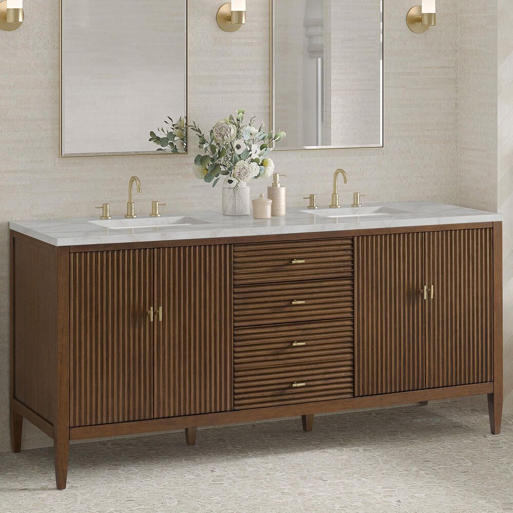 James Martin Vanities Myrrin 72" Double Bathroom Vanity in Mid-Century Walnut with 3 cm Eternal Jasmine Pearl Silestone Top, Rectangular Sinks and FreePower Wireless Charger, , large