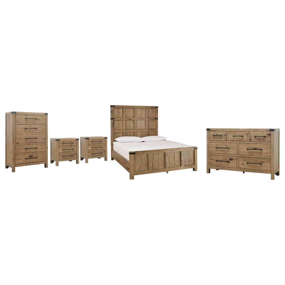 Millenium Ridgester Queen Panel Bed with Dresser, Chest and Two Nightstands in Light Brown with USB Ports, , large