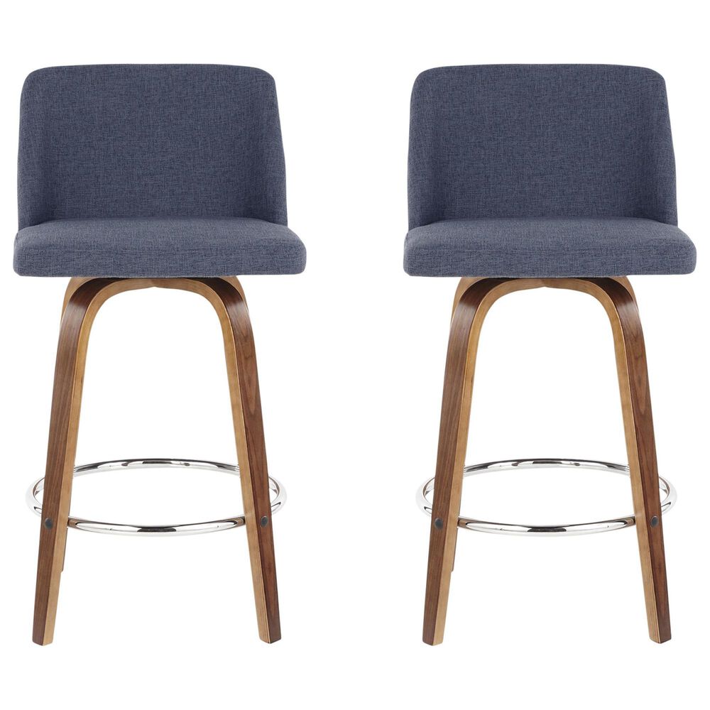 LumiSource Toriano Swivel Counter Stool with Blue Fabric Upholstery in Walnut and Chrome (Set of 2), , large