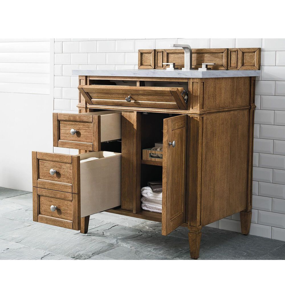 James Martin Vanities Brittany 30&quot; Single Bathroom Vanity in Saddle Brown with 3 cm Arctic Fall Solid Surface Top and Rectangular Sink, , large