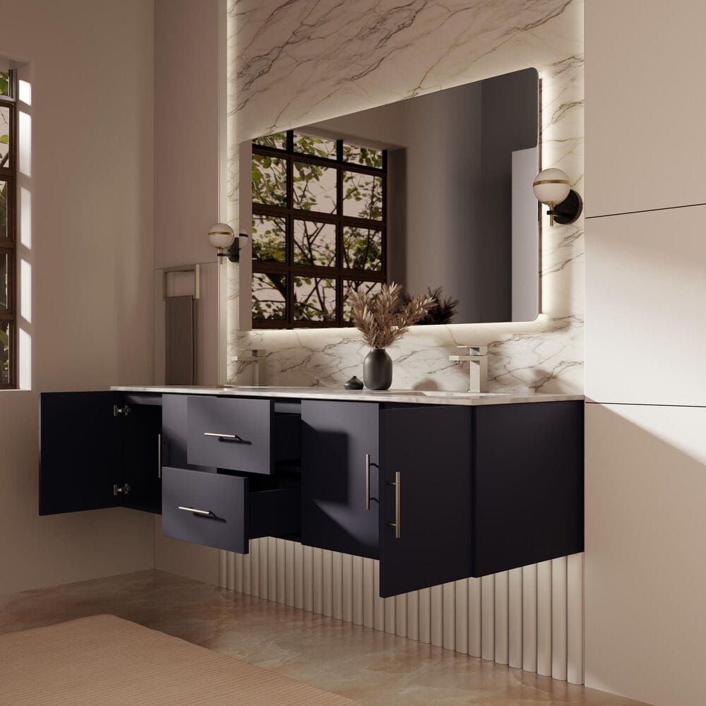 Lexora Home Geneva 72" Double Bathroom Vanity in Navy Blue with 2 cm White Carrara Marble Top and Rectangular Sinks, , large